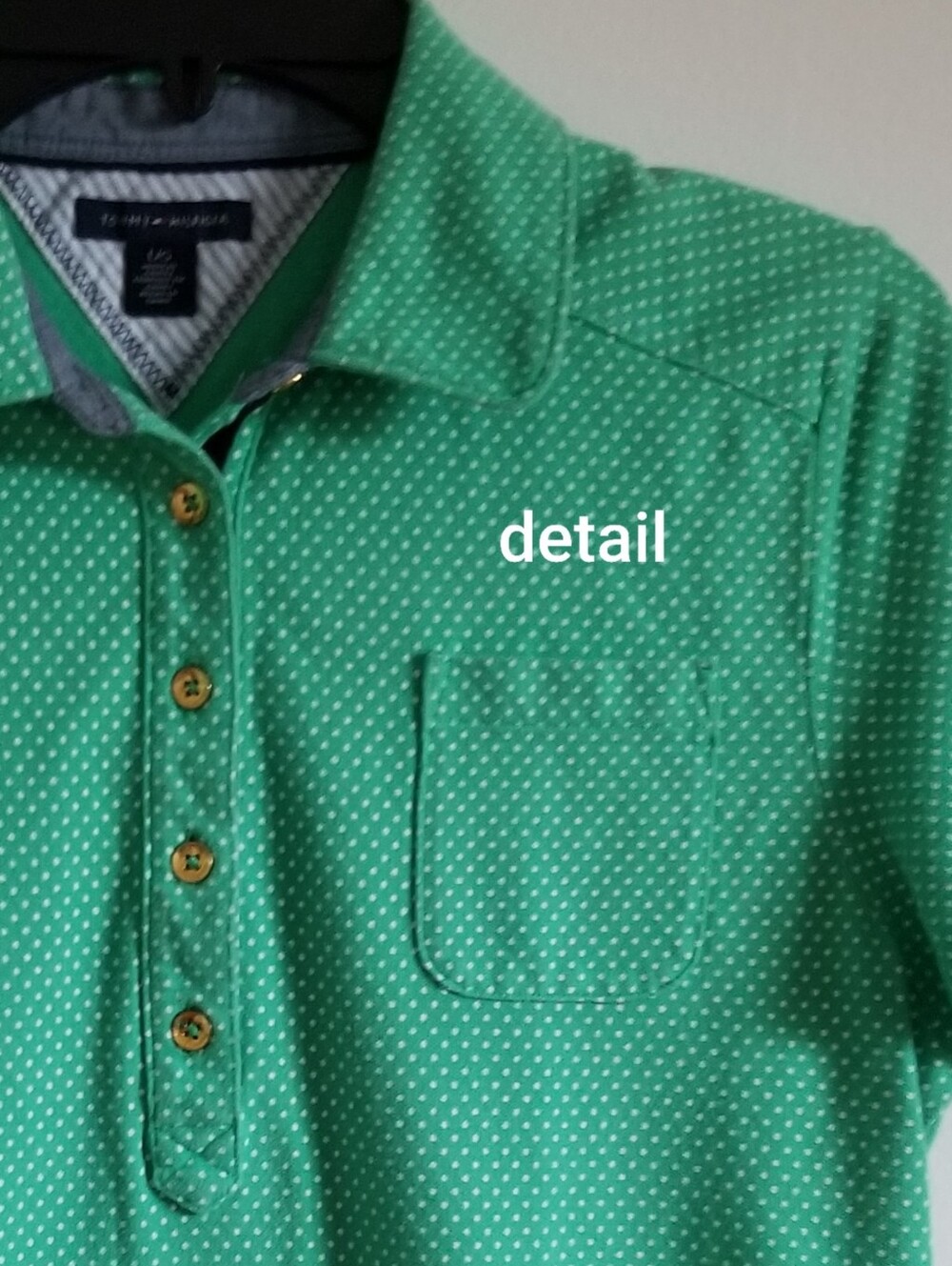 Tommy Hilfiger White Polka Dots Green Polo Shirt With Golden Buttons.